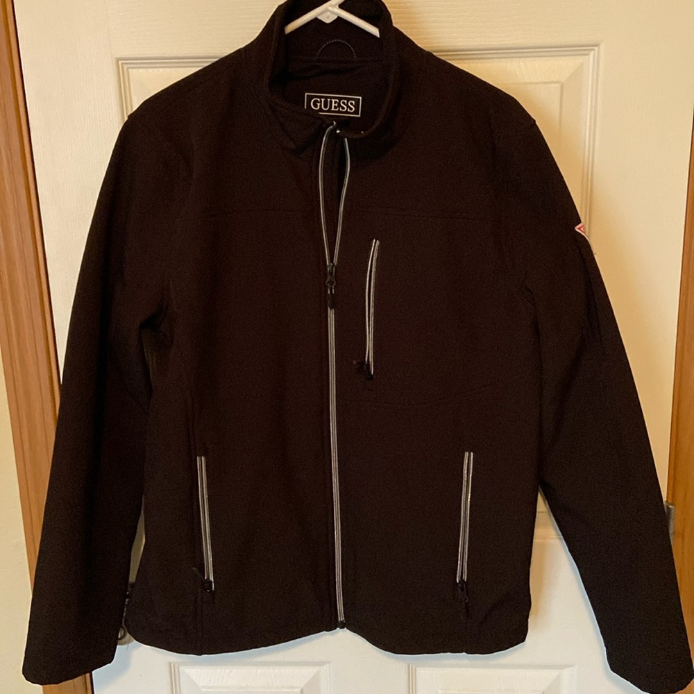 Guess 3 Zip Pockets Black Softshell Polyester Lined Rain Jacket Men's Size M